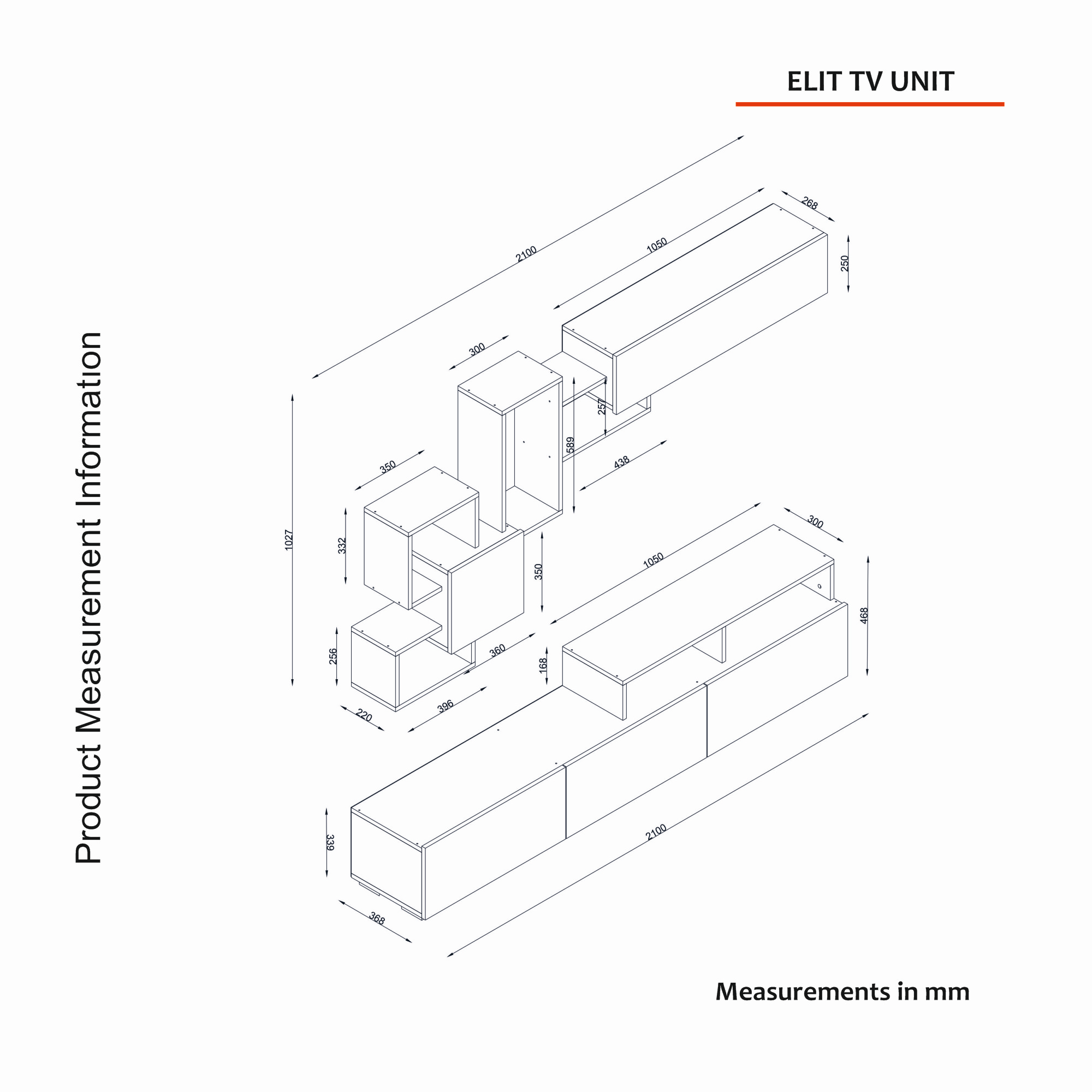 NORDVÄRK Elit TV-bord, m. væghylde, 3 låger, 2 rum - hvid melamin (210x36,8)