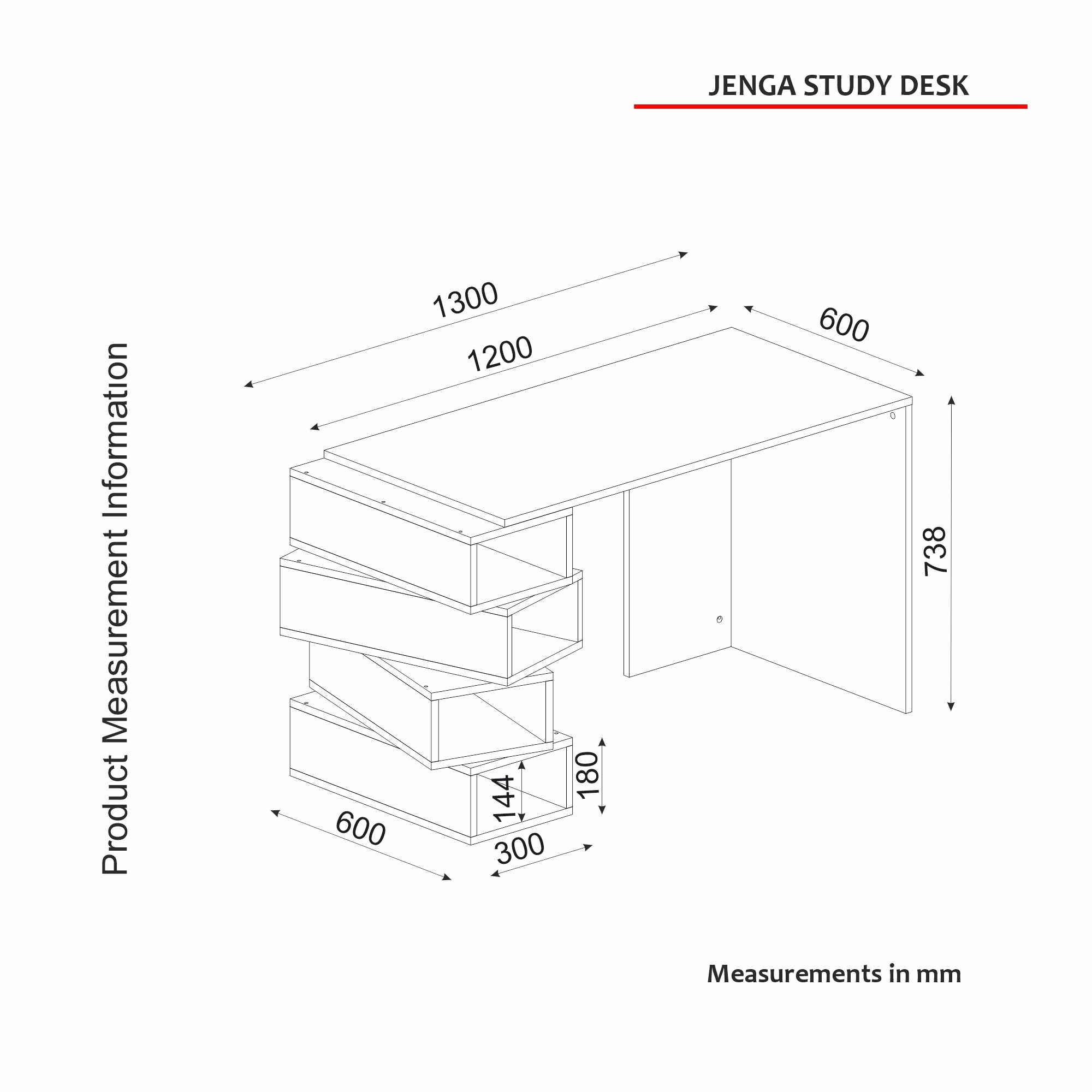 NORDVÄRK Jenga skrivebord, m. 4 rum, rektangulær - hvid og valnøddefarvet melamin (130x60)