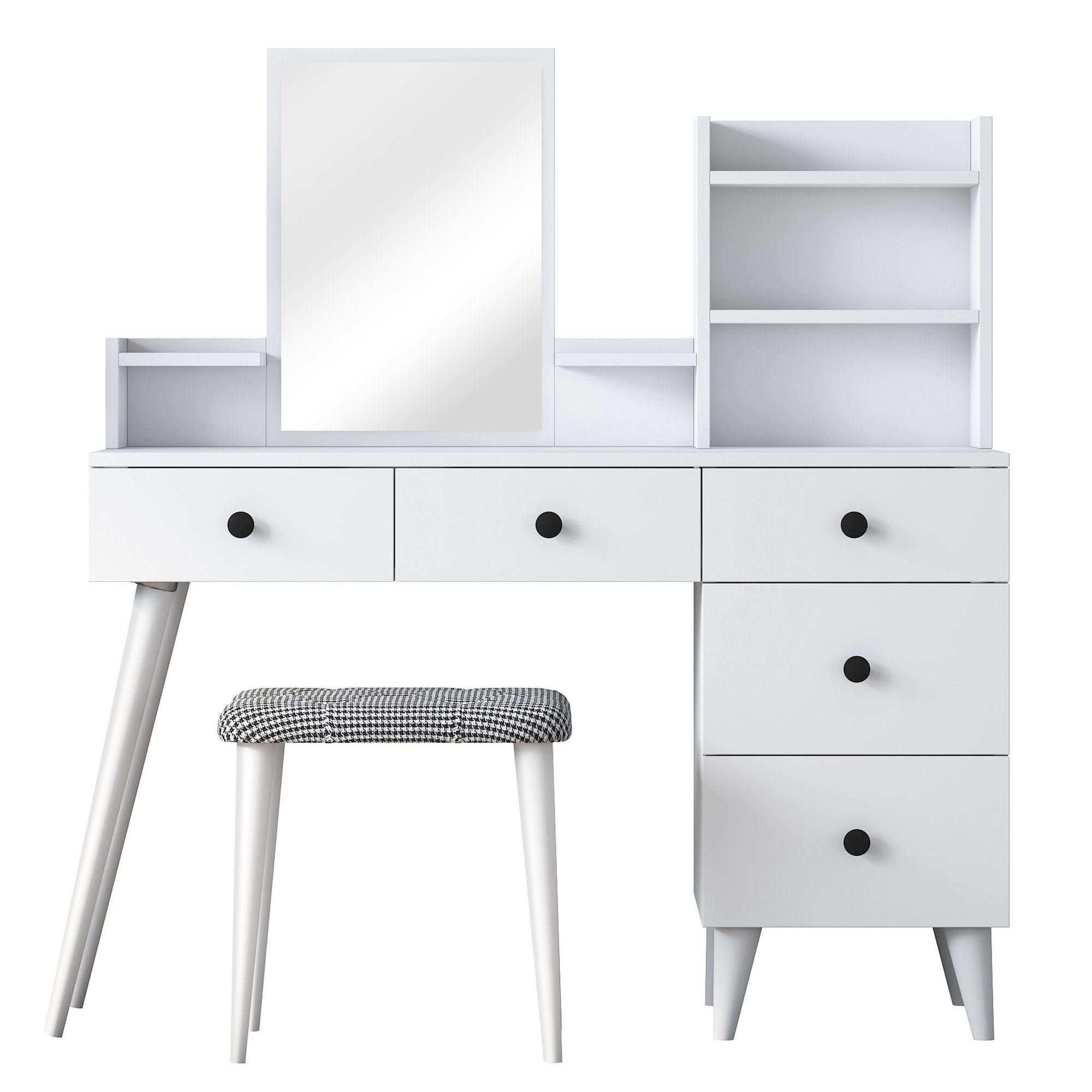 NORDVÄRK BJ101 2294 makeup bord, m. spejl, 4 hylder, 5 skuffer og skammel - hvid melamin (125x40)