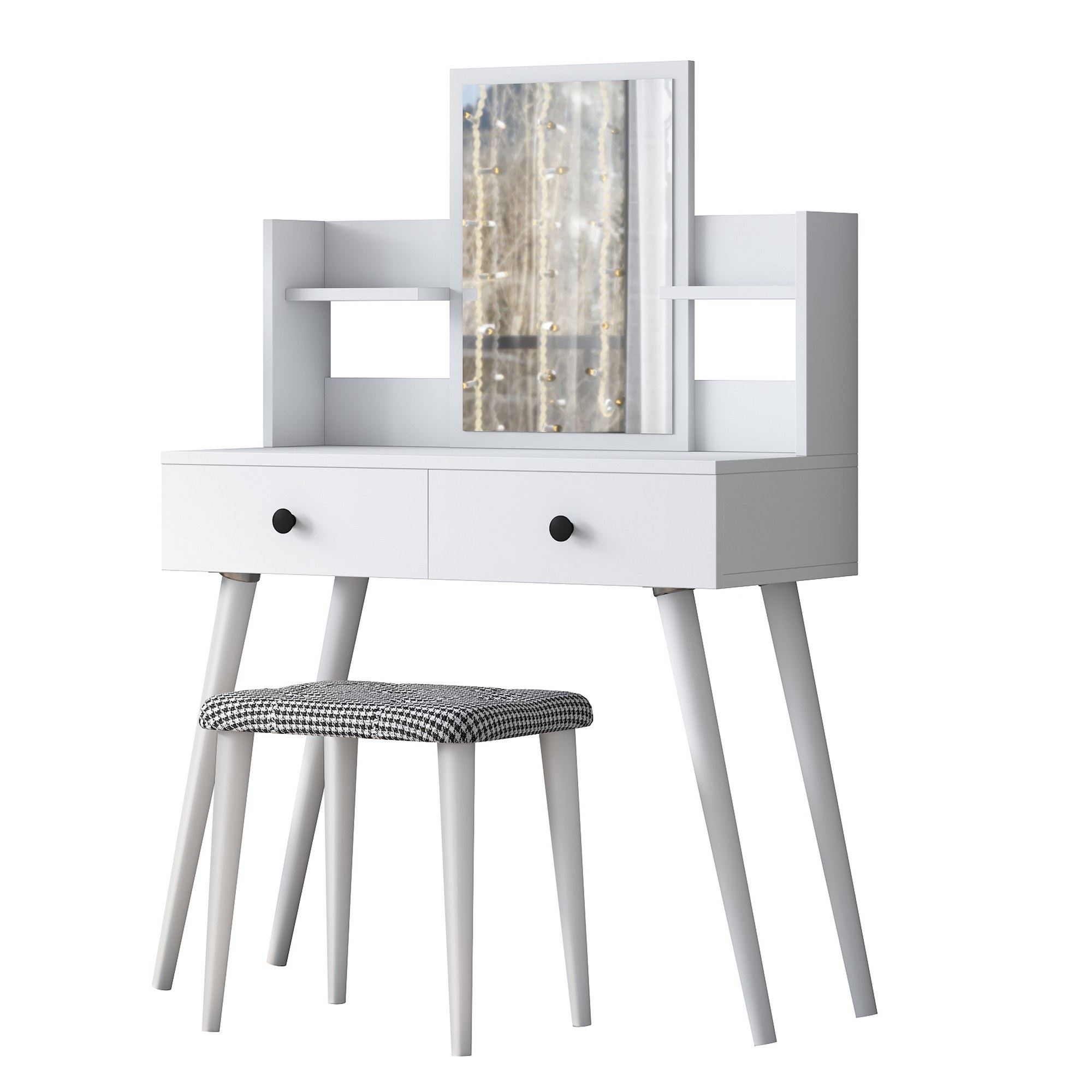 NORDVÄRK BJ102 2235 makeup bord, m. spejl, 2 hylder, 2 skuffer og skammel - hvid melamin (103x40)