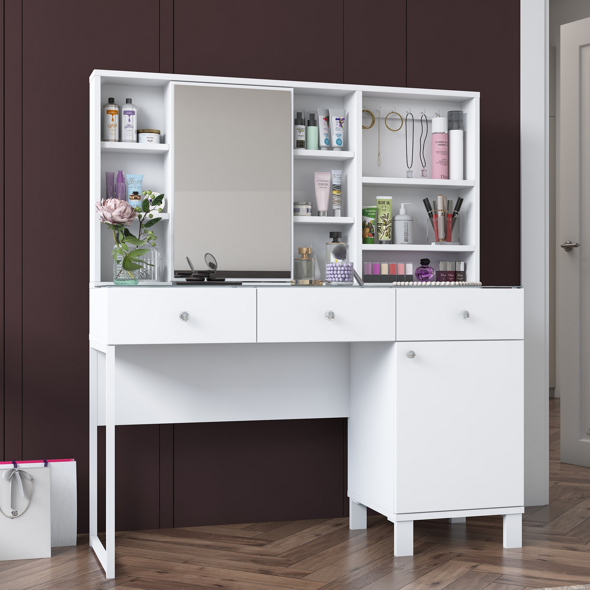 NORDVÄRK BJ138 3442 makeup bord, m. spejl, 8 hylder, 2 låger og 3 skuffer - hvid melamin (120x40)