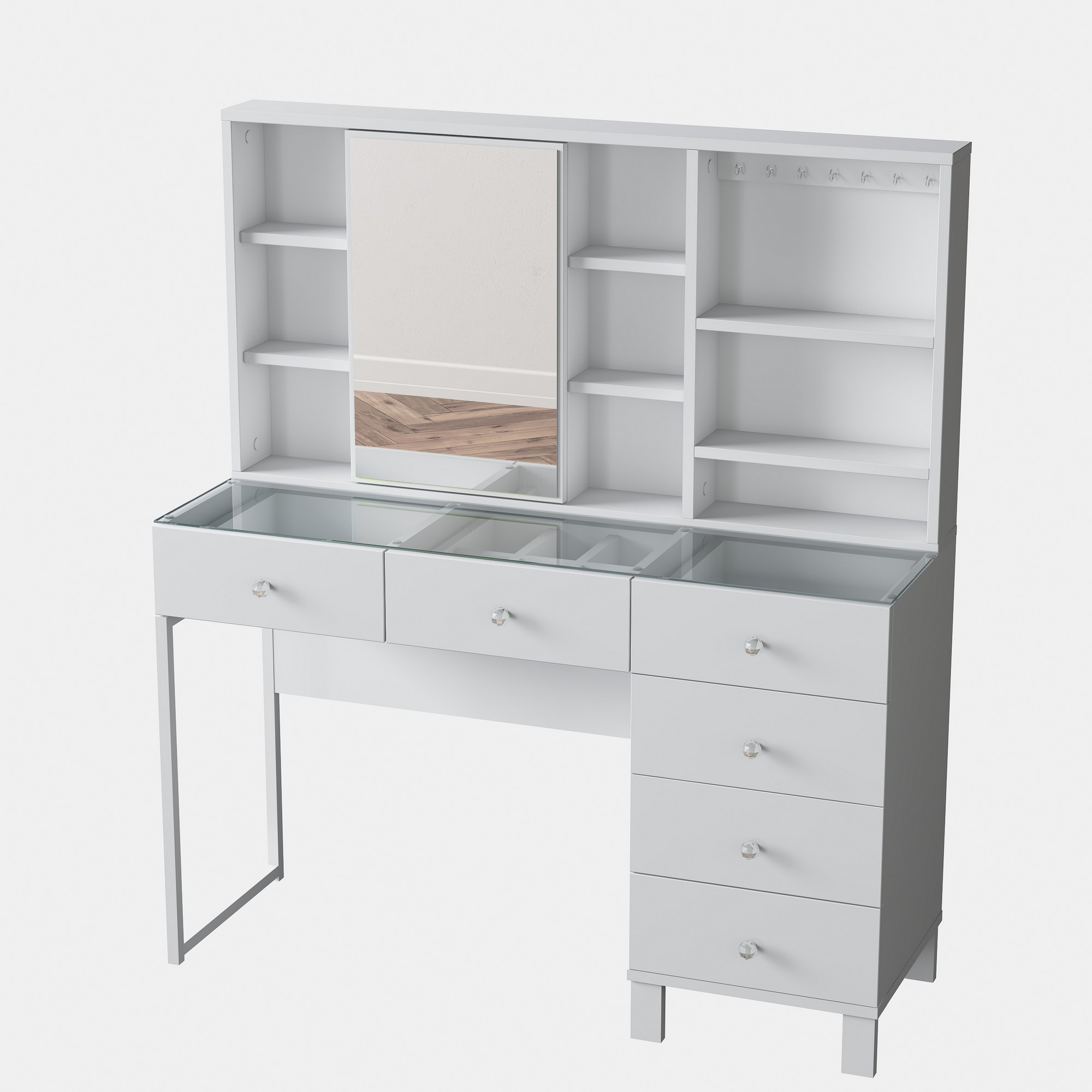 NORDVÄRK BJ140 3831 makeup bord, m. spejl, 9 hylder, 1 låge og 6 skuffer - hvid melamin (120x40)