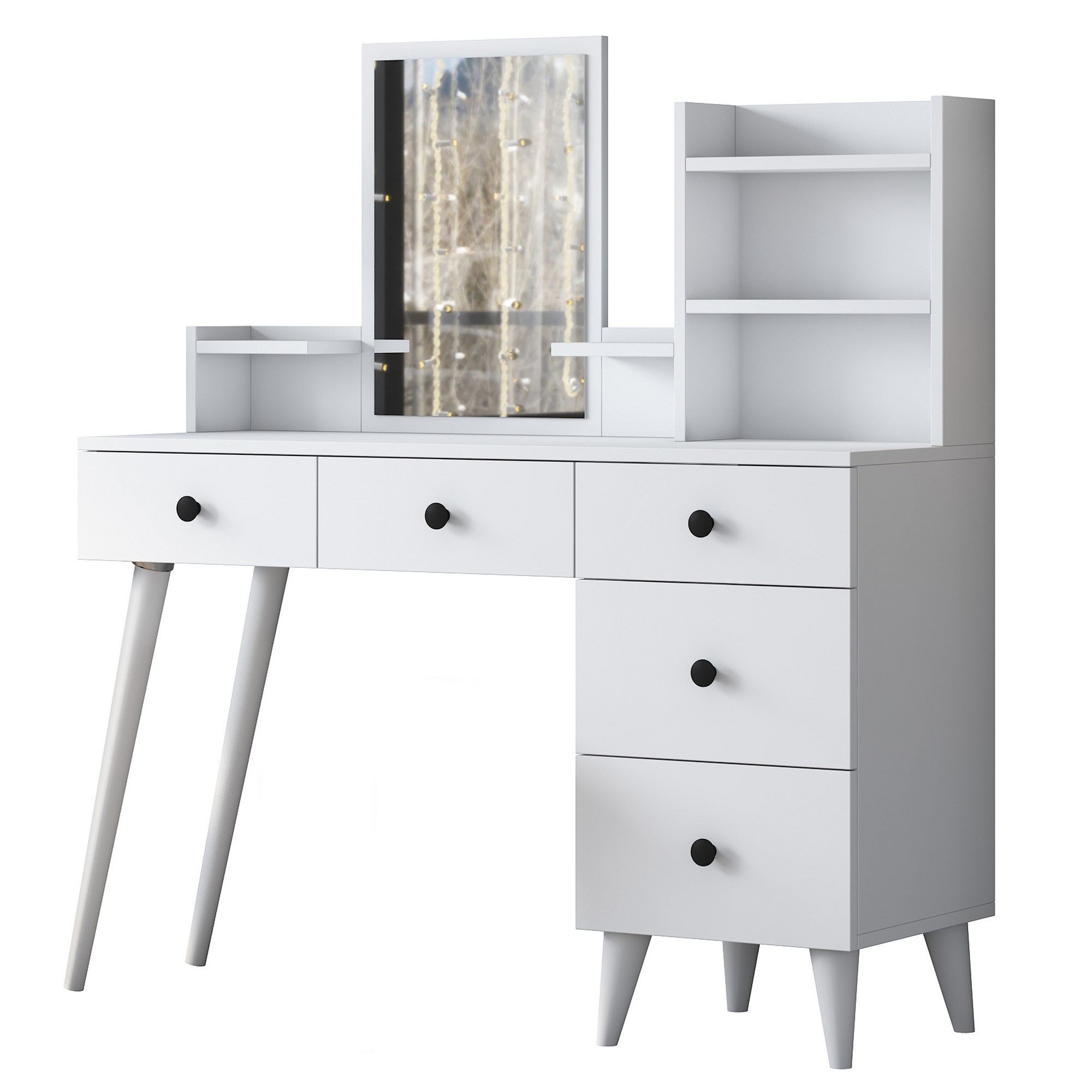 NORDVÄRK Bj101 2293 makeup bord, m. spejl, 4 hylder og 5 skuffer - hvid melamin (125x40)