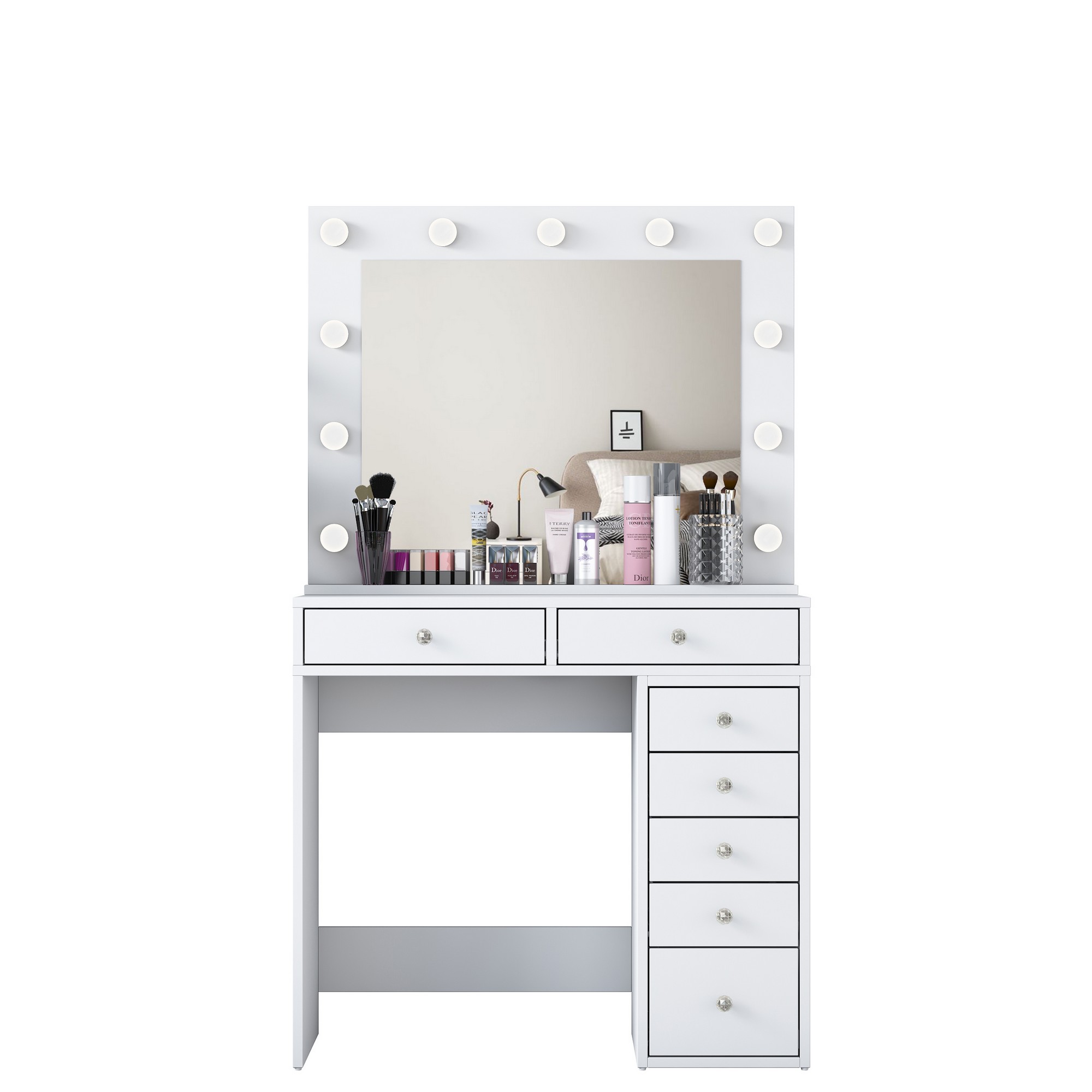 NORDVÄRK BJ115 2781 makeup bord, m. spejl, 11 lyspærer og 7 skuffer - hvid melamin (90x44,5)