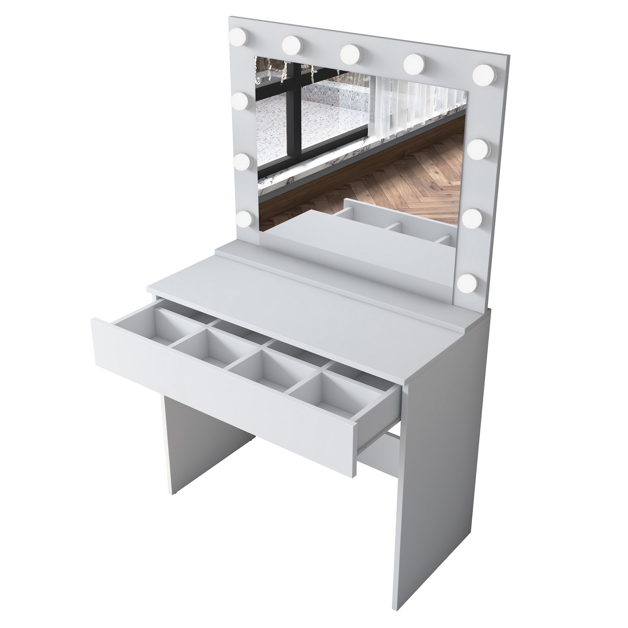 NORDVÄRK BJ120 2916 makeup bord, m. spejl, 11 lyspærer og 1 skuffe - hvid melamin (90x45)