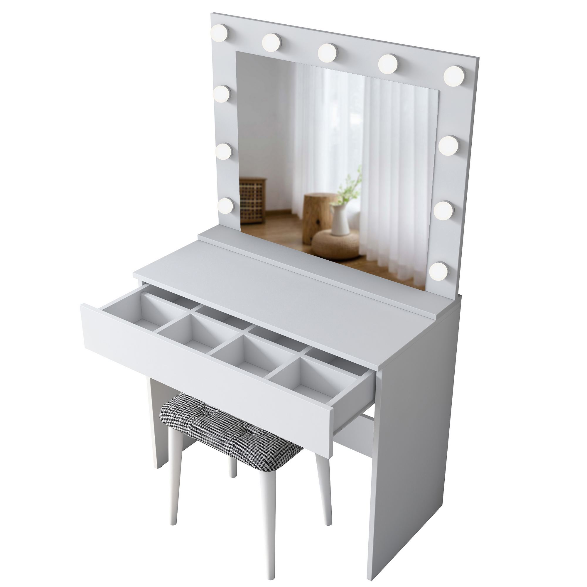 NORDVÄRK BJ121 2934 makeup bord, m. spejl, 11 lyspærer, 1 skuffe og skammel - hvid melamin (90x45)