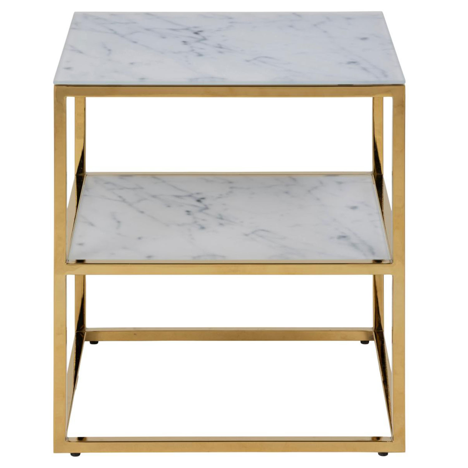 ACT NORDIC Alisma sengebord, m. hylde - hvid marmorprint glas og guld metal (45x40)