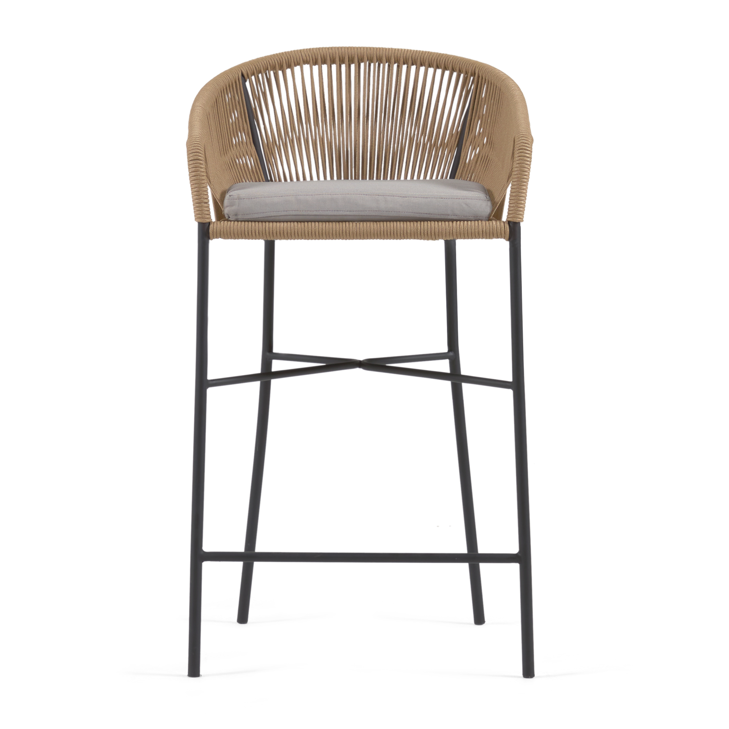 KAVE HOME Yanet barstol, m. hynde, armlæn og fodstøtte - beige snor og stål