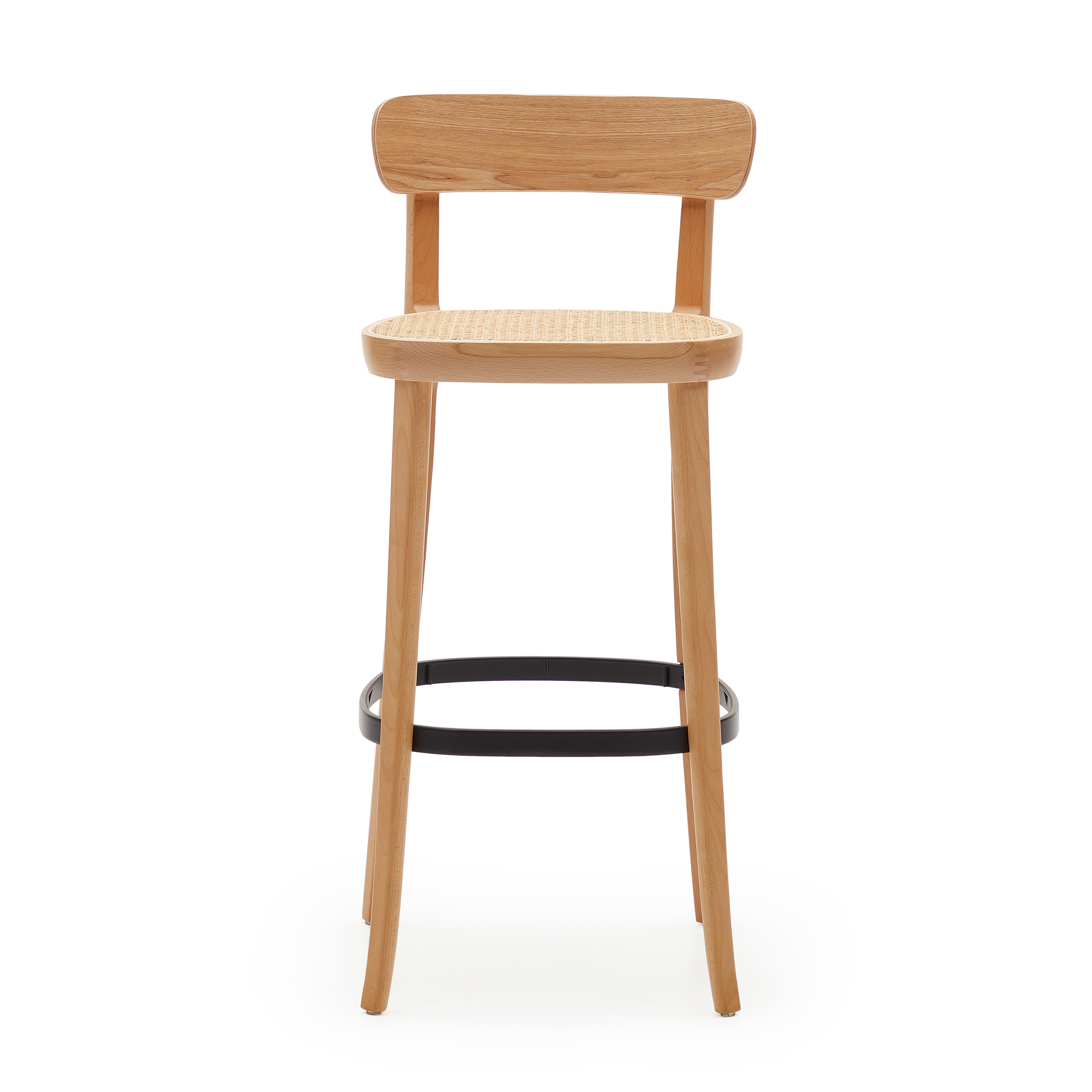 KAVE HOME Romane barstol, m. ryglæn og fodstøtte - natur rattan og natur/sort askefiner/bøg