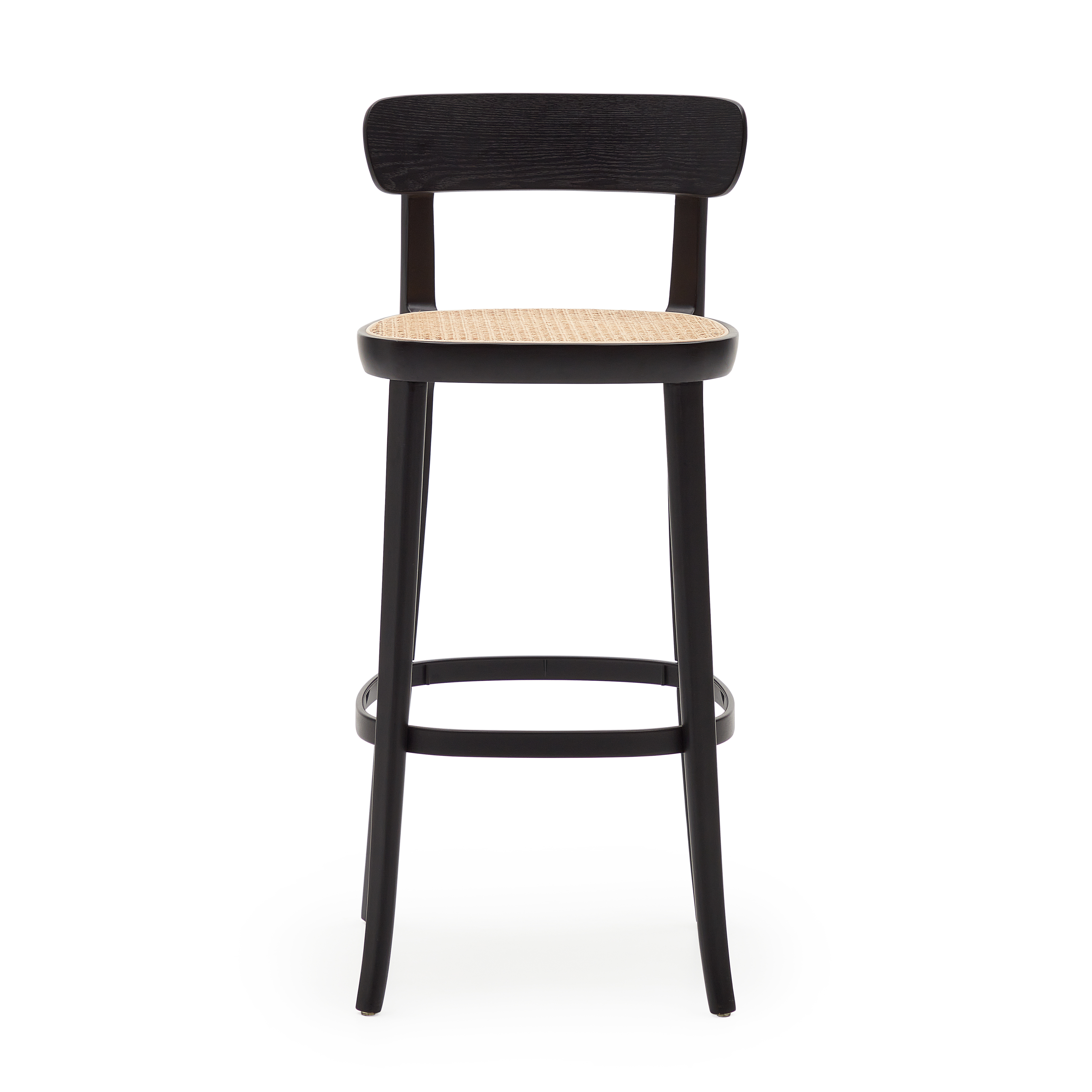 KAVE HOME Romane barstol, m. ryglæn og fodstøtte - natur rattan og sort askefiner/bøg