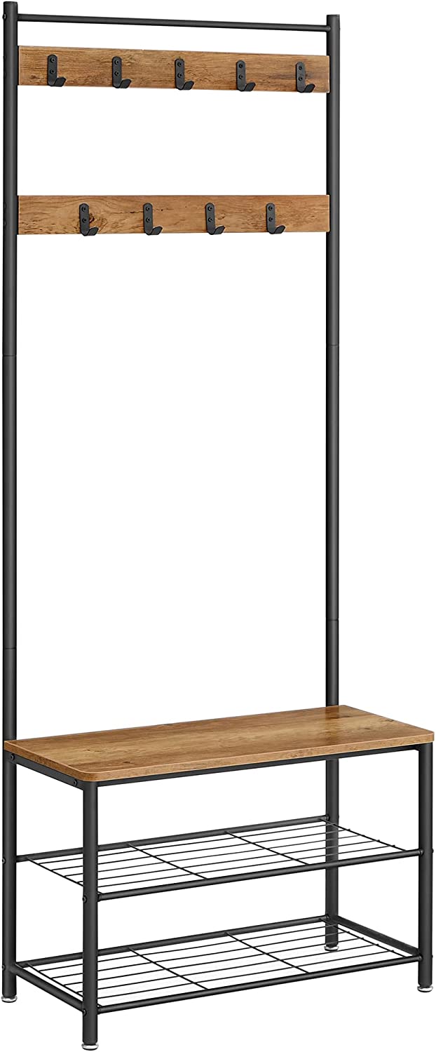 VASAGLE entréopstilling, m. 9 kroge, 3 hylder - valnøddebrun spånplade og sort stål