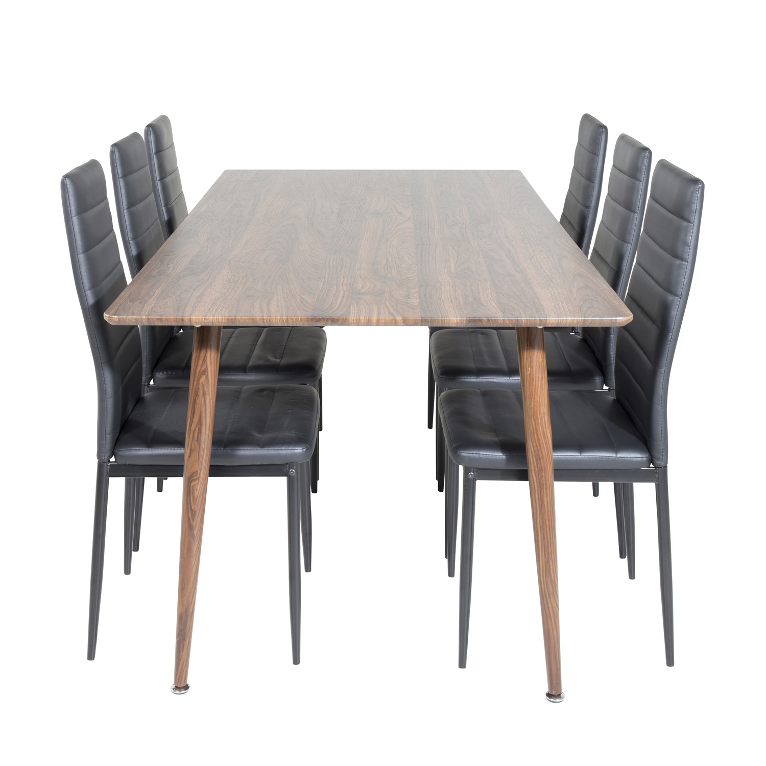 VENTURE DESIGN Polar spisebordssæt, m. 6 stole - brun valnøddefolie MDF/metal og sort PU/sort metal