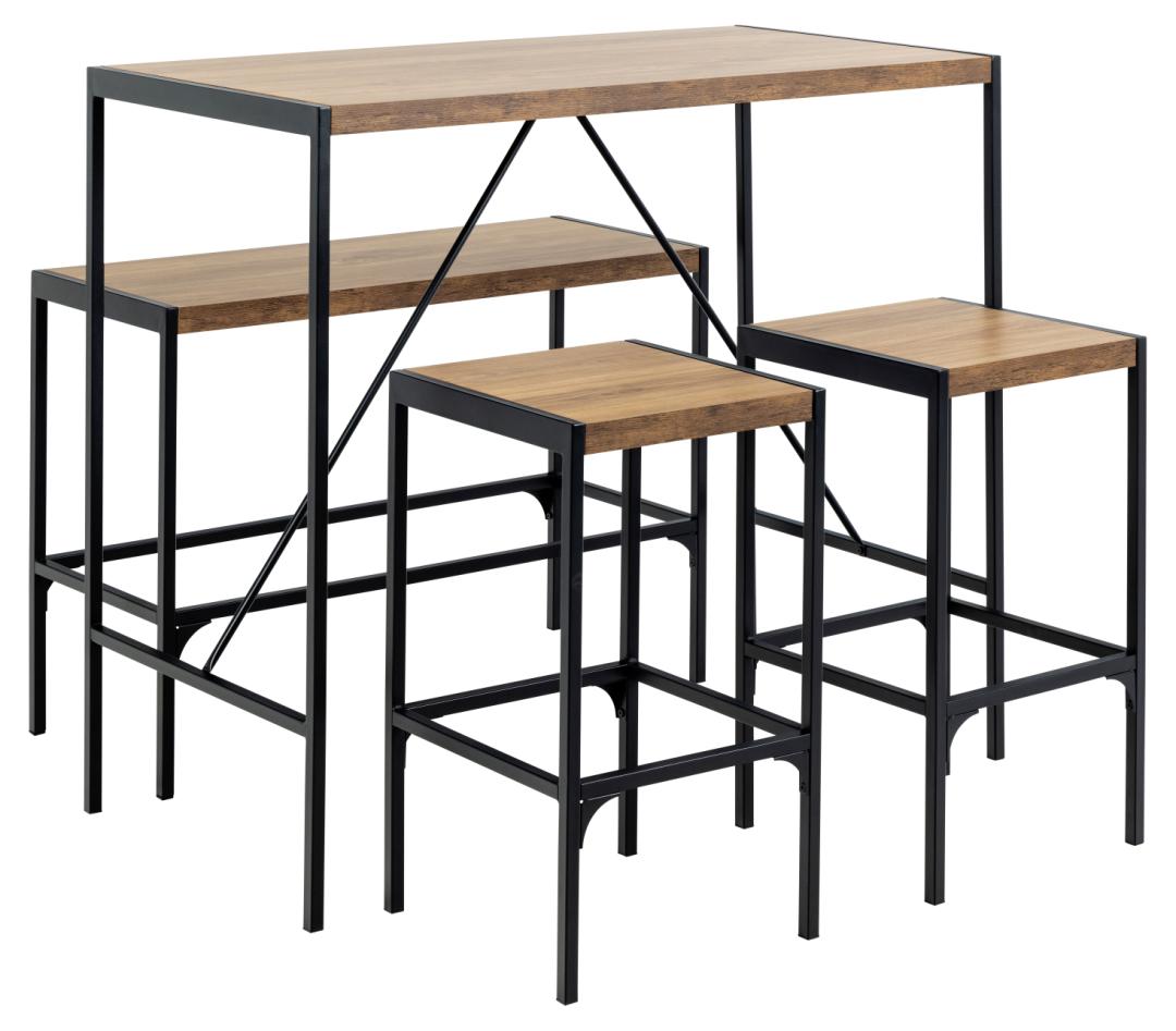 ACT NORDIC Bahamas barbord, m. 1 bænk, 2 stole og fodstøtte - mat eg melamin/sort stål (120x60x105)