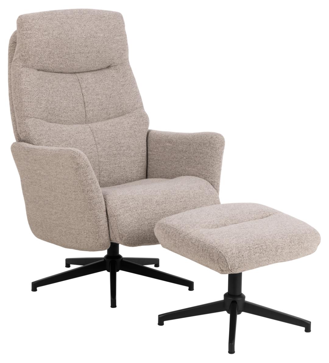 ACT NORDIC London manuel recliner, m. fodskammel, horisontal syning - beige stof og mat sort stål
