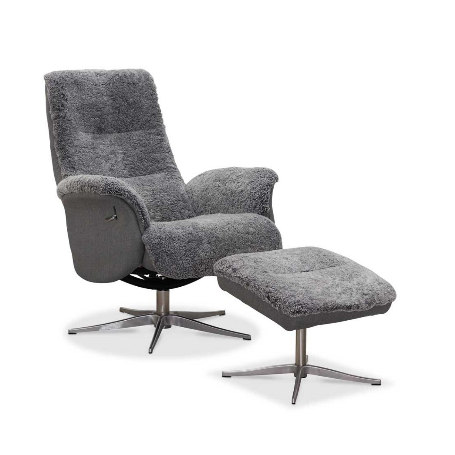 HAGA Ullrik lænestol - lysegrå fåreskind/stof, m. drejefunktion, justerbar ryglæn, inkl. skammel