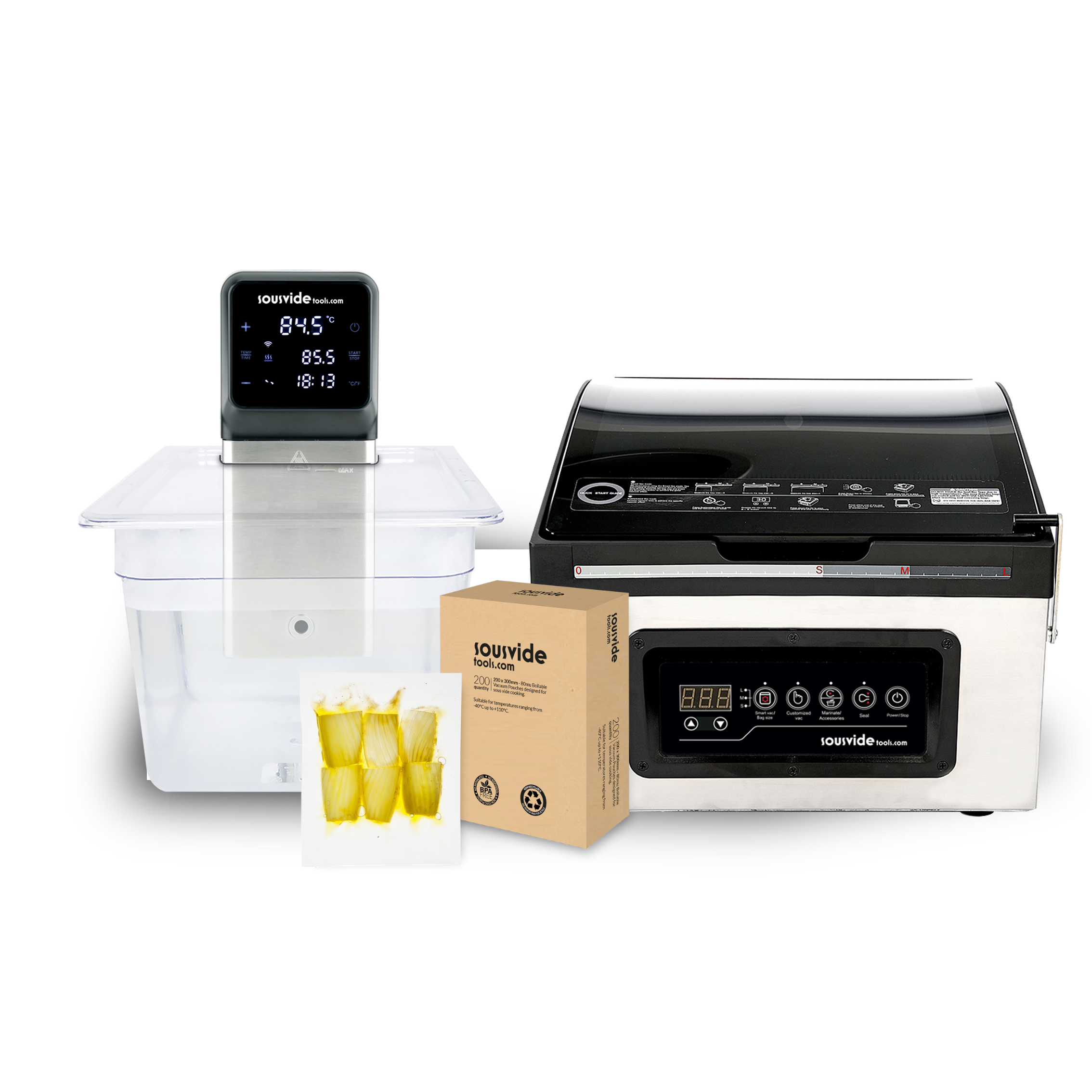 iVide® Plus Jnr WIFI Sous Vide Stav (IPX7-Vandtæt) + Senses 300 Kammervakuumpakker Pakke