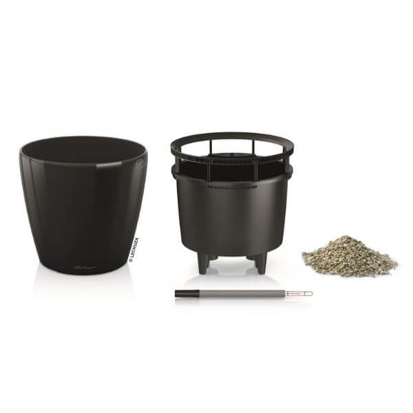 Lechuza Classico Premium LS indendørs krukke til blomster med selvvandingssystem Sort Højglans Ø21 x H20 cm