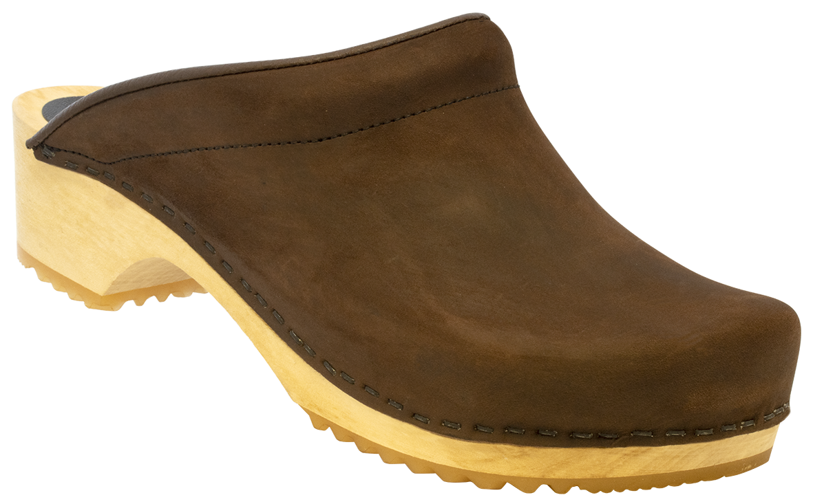 Træsko med 100 procent træsål, Model Albrethsen, uden kappe, polstret vrist, brun nubuck læder 35