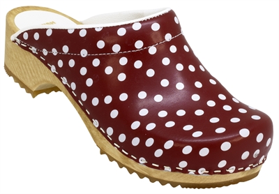 Den gode "Gammeldags" Træsko med 100 procent træsål, uden kappe - Rød med store hvide prikker 38
