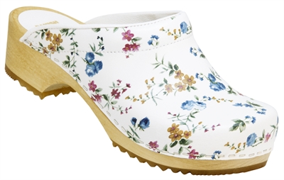 "Gammeldags" Træsko med 100 procent træsål, uden kappe. Hvid med blå blomster og naturfarvet sål 45