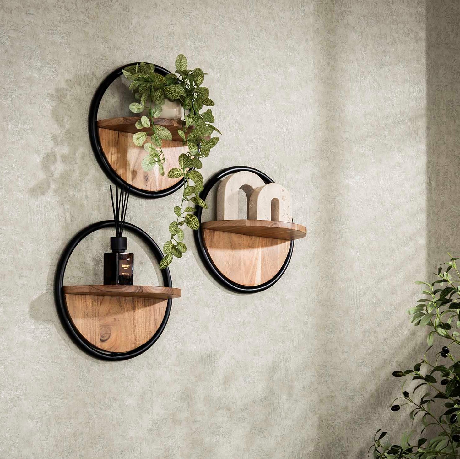 Tops - Væghylder i akacietræ og metal, sæt af 3 stk.