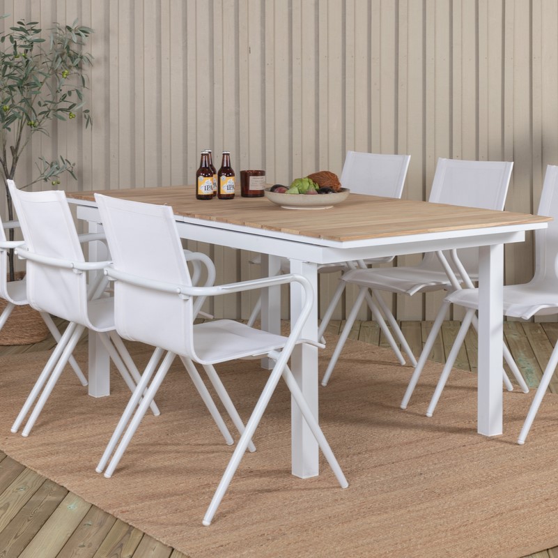 Ponsa - Spisebord i teaktræ og hvid aluminium, med udtræksplade