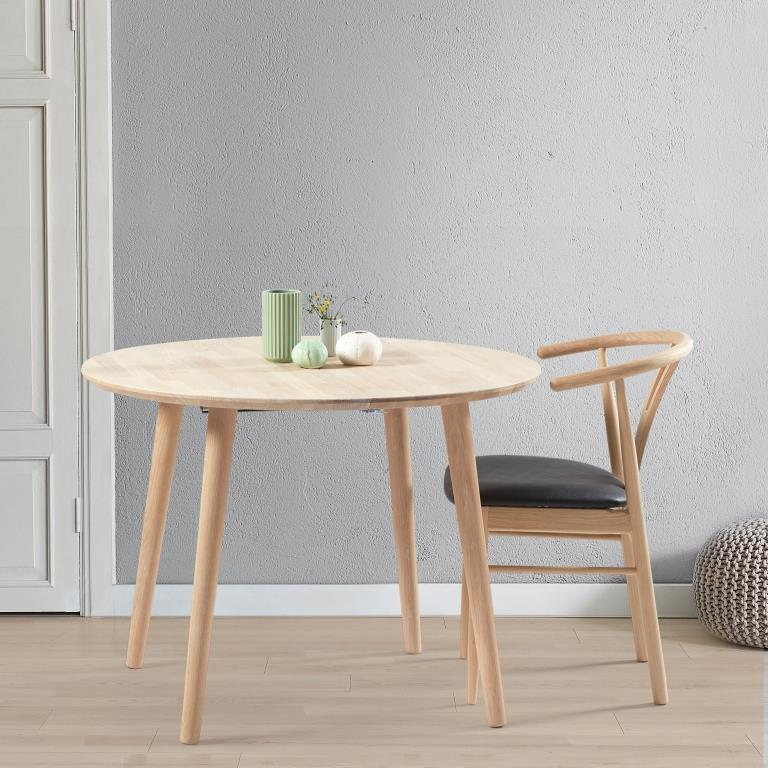 DT 100 - Rundt spisebord ø 110 cm. med 1 tillægsplade i massiv eg Hvid olieret
