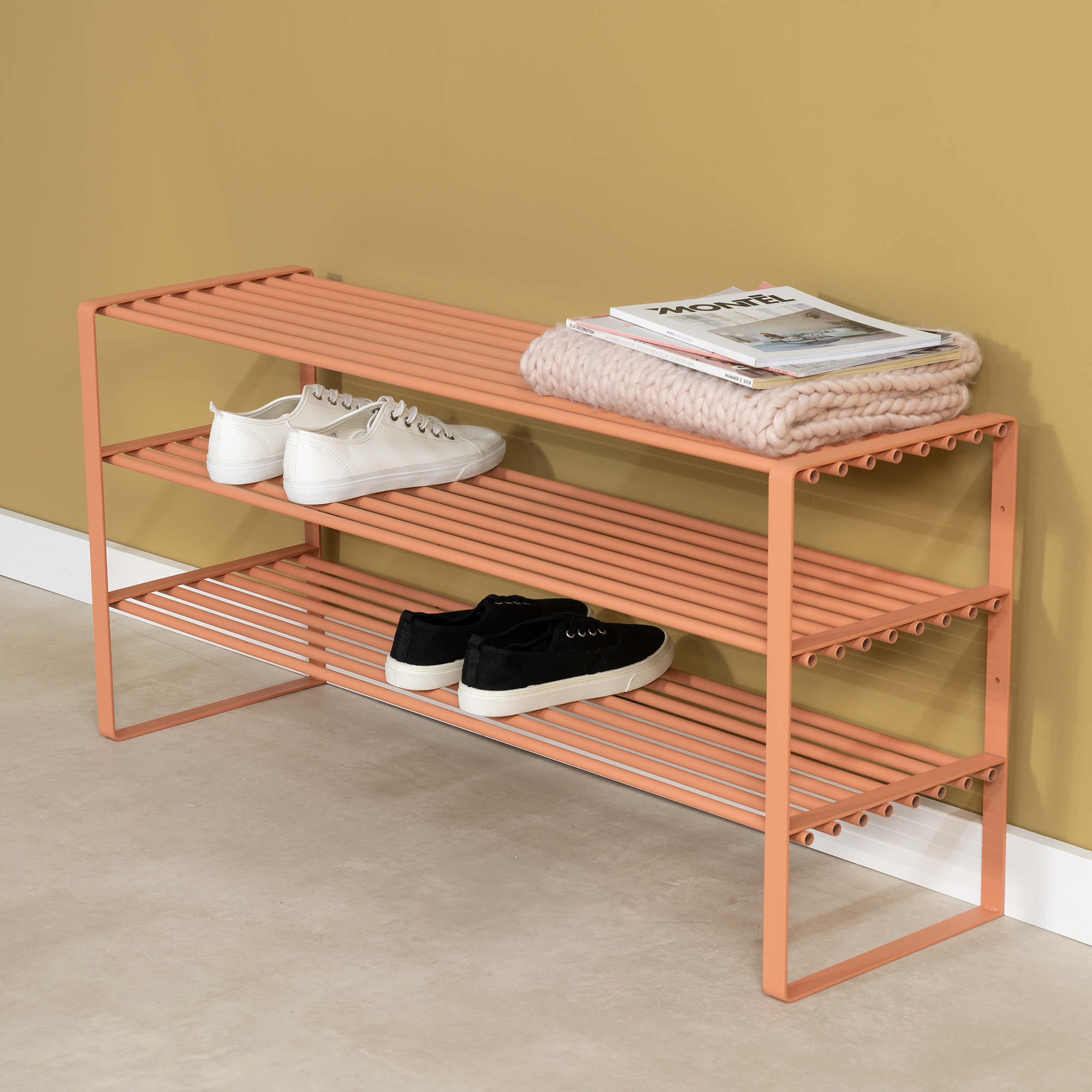 Dinex - Skostativ i terracotta farvet metal, 3 hylder, bredde 100 cm