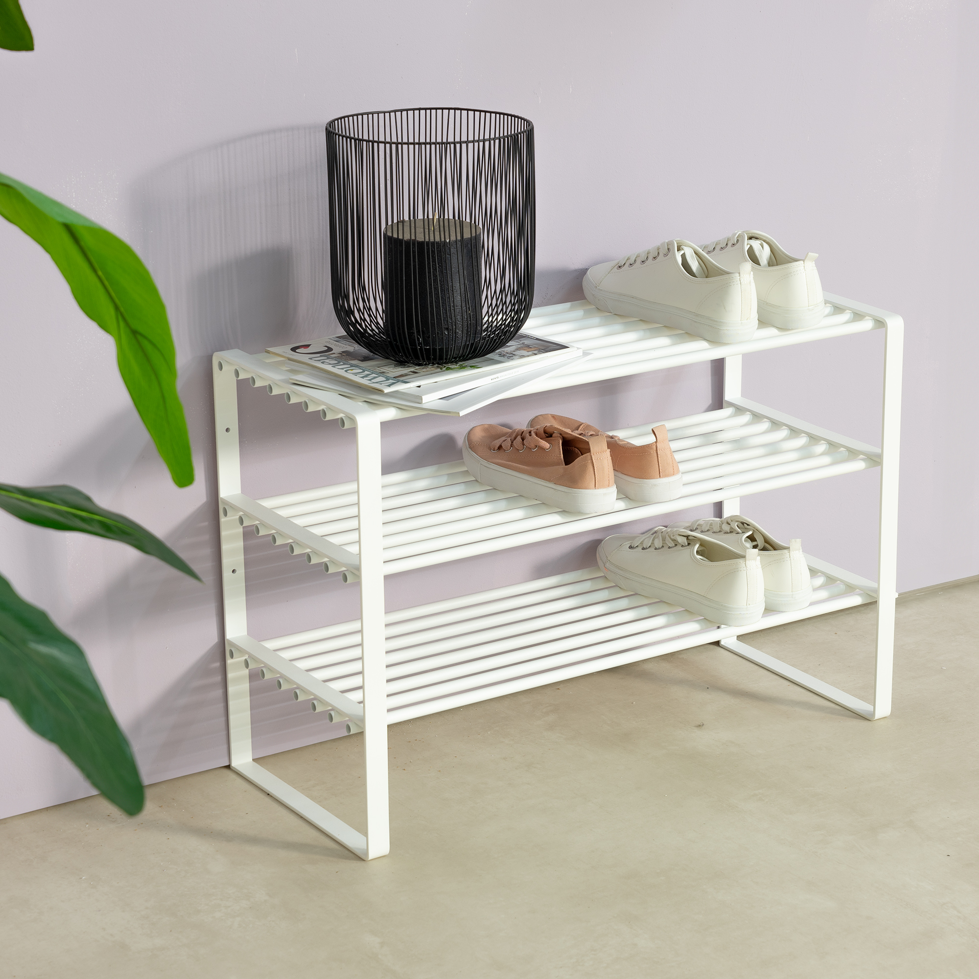 Dinex - Skostativ i hvid metal, 3 hylder, bredde 70 cm