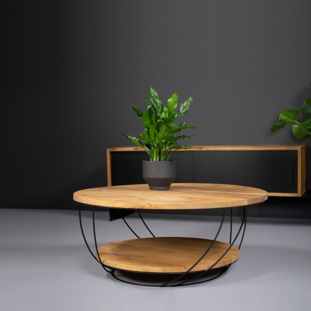 Kinski - Sofabord i stål og egetræ, diameter 80 cm.