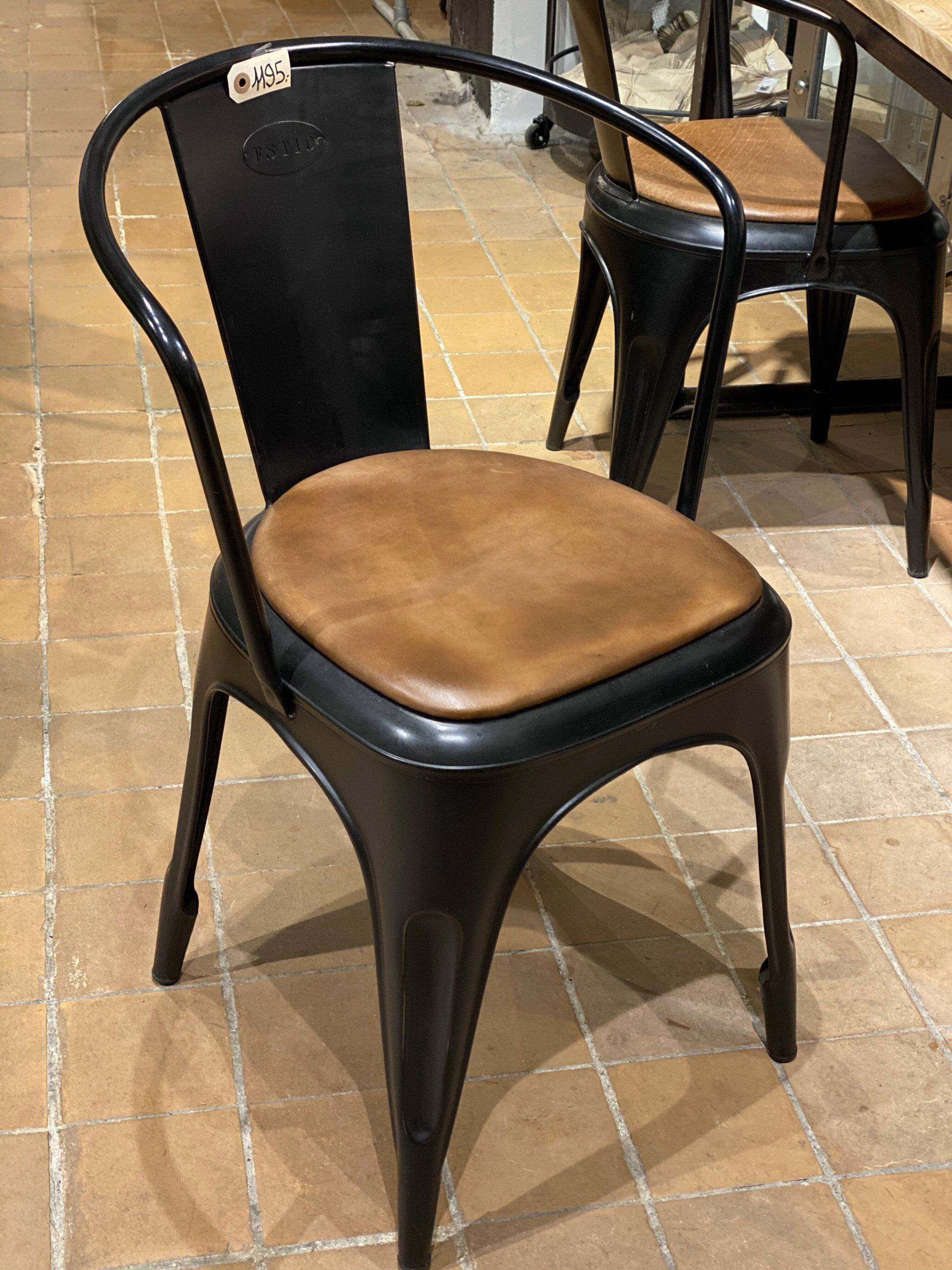 Industriel spisebordsstol i sort - inkl. brunt lædersæde