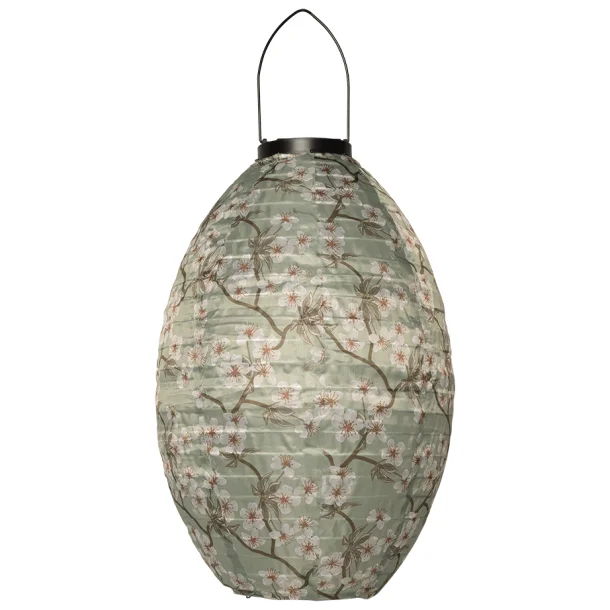 Lanterne m. solceller oval, grøn m. blomstermønster