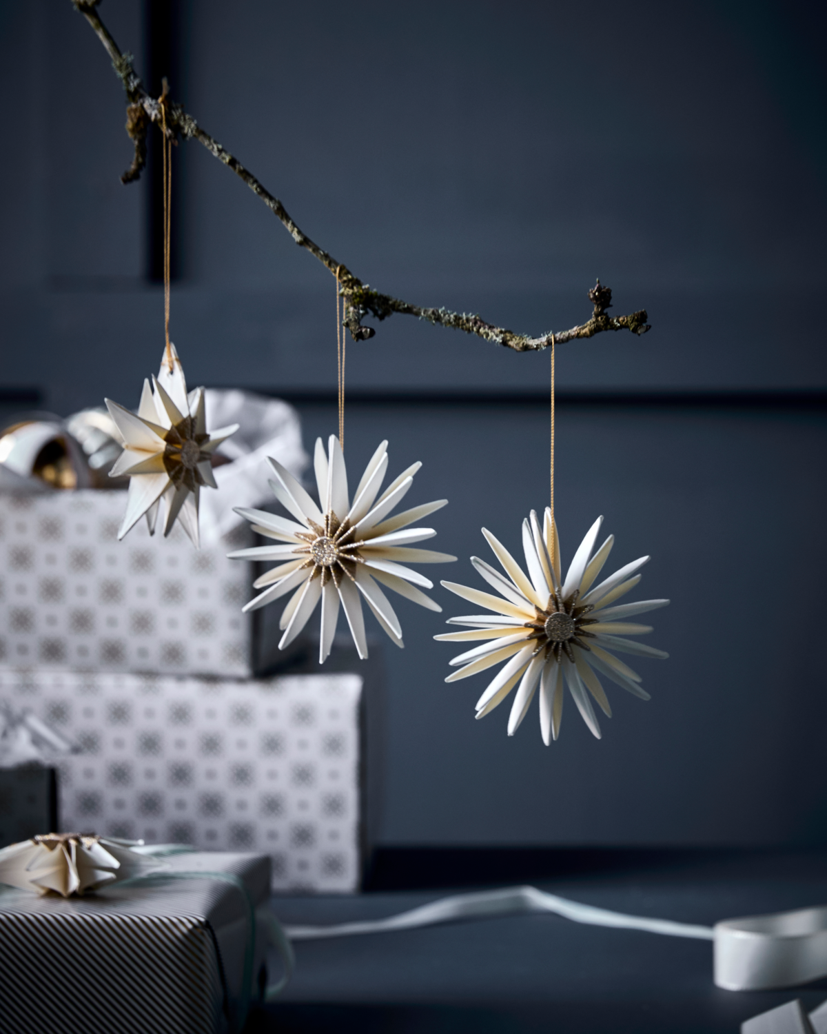 Julepynt - Stjerne, Råhvid/Champagne - Sæt med 6. stk.