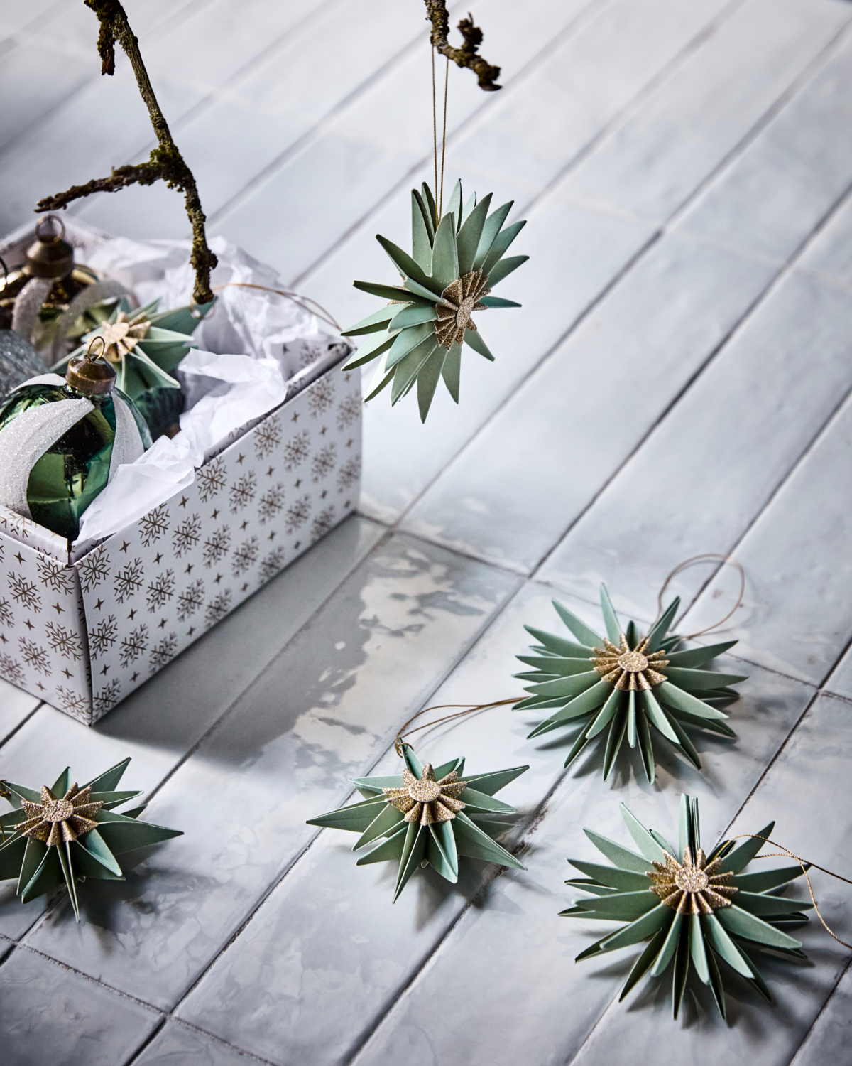 Julepynt - Stjerne, Grøn/Champagne - Sæt med 6. stk.