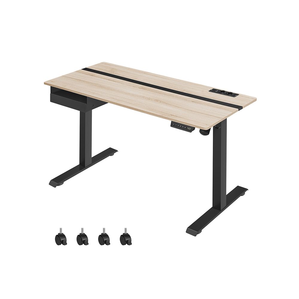 Hæve sænkebord 140 x 60 cm lyst træ sort stel med USB stik og strømstik