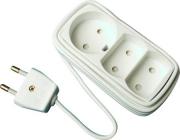 3-stikdåse 1xrund og 2 flade stik uden jord med 1,5 meter ledning hvid