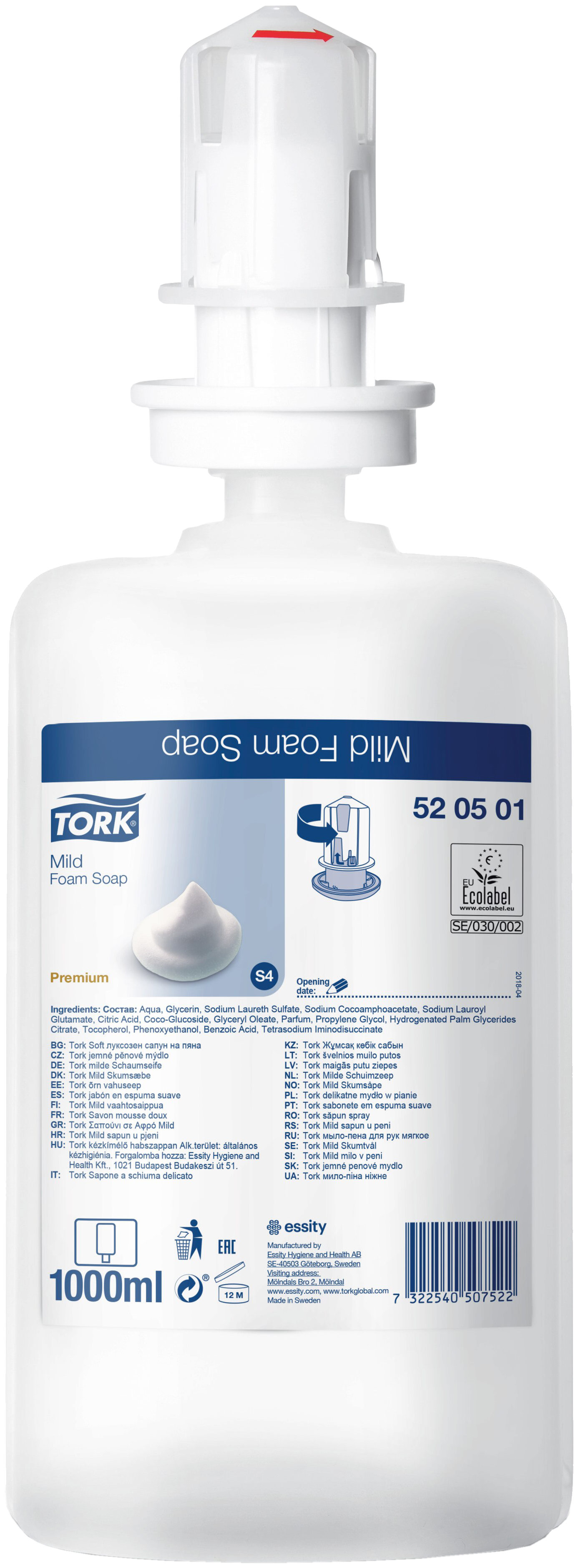 Tork skumsæbe Premium mild S4, 6 × 1 ltr