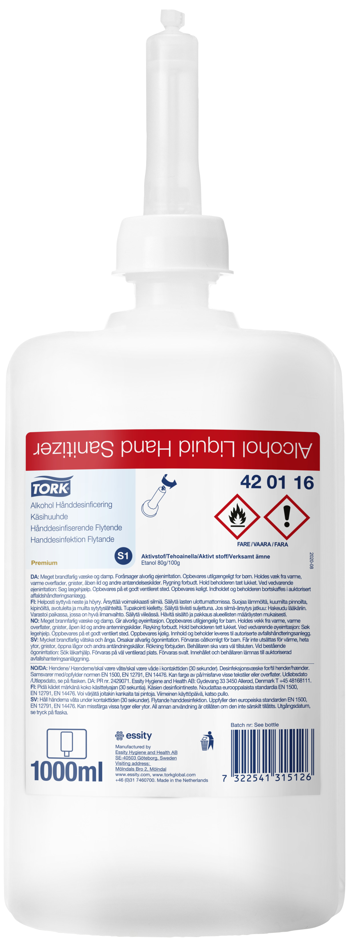 Tork alkohol hånddesinfektion 80% S1, 6×1 ltr