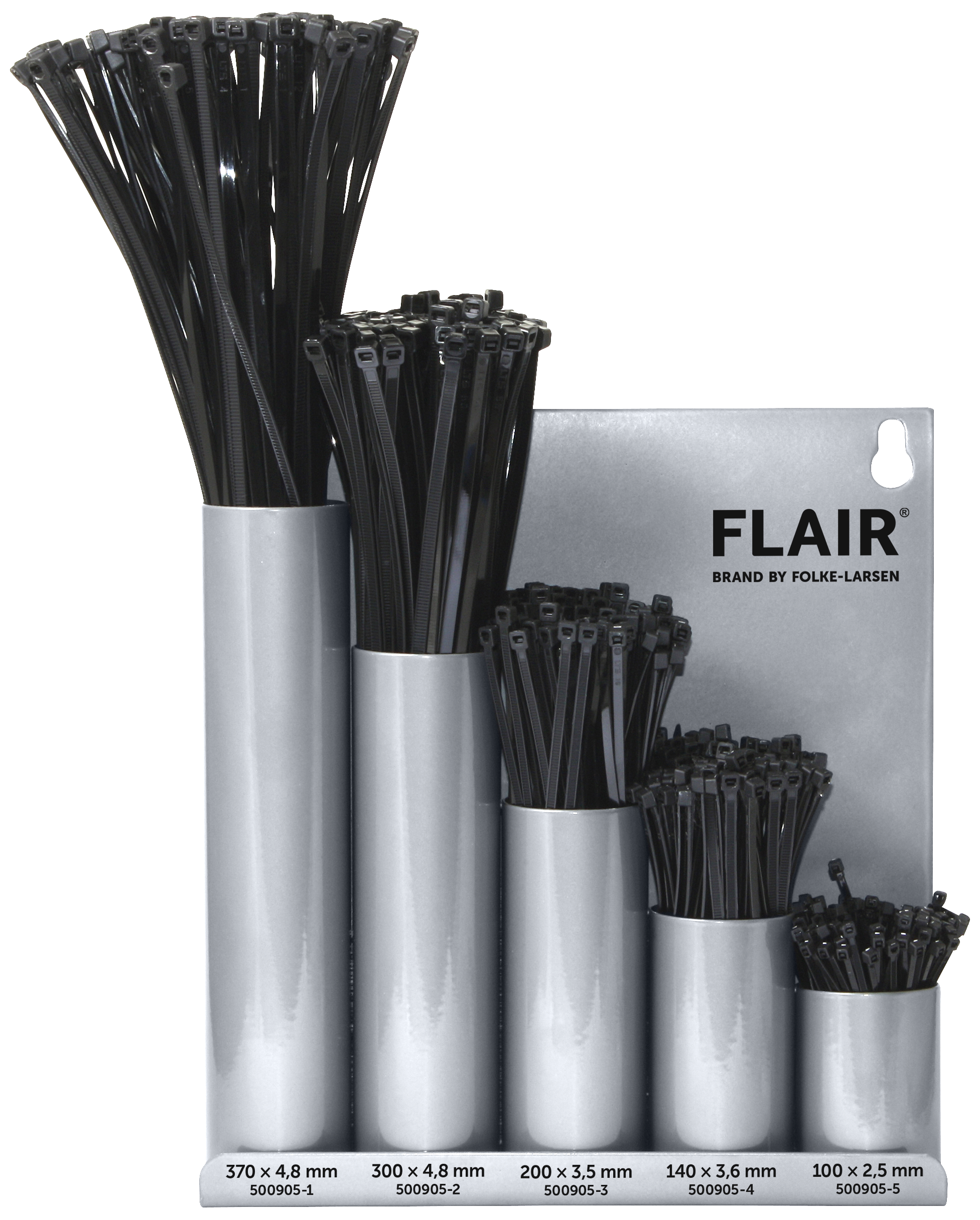 Flair kabelbindere, sortiment i metal-vægdisplay