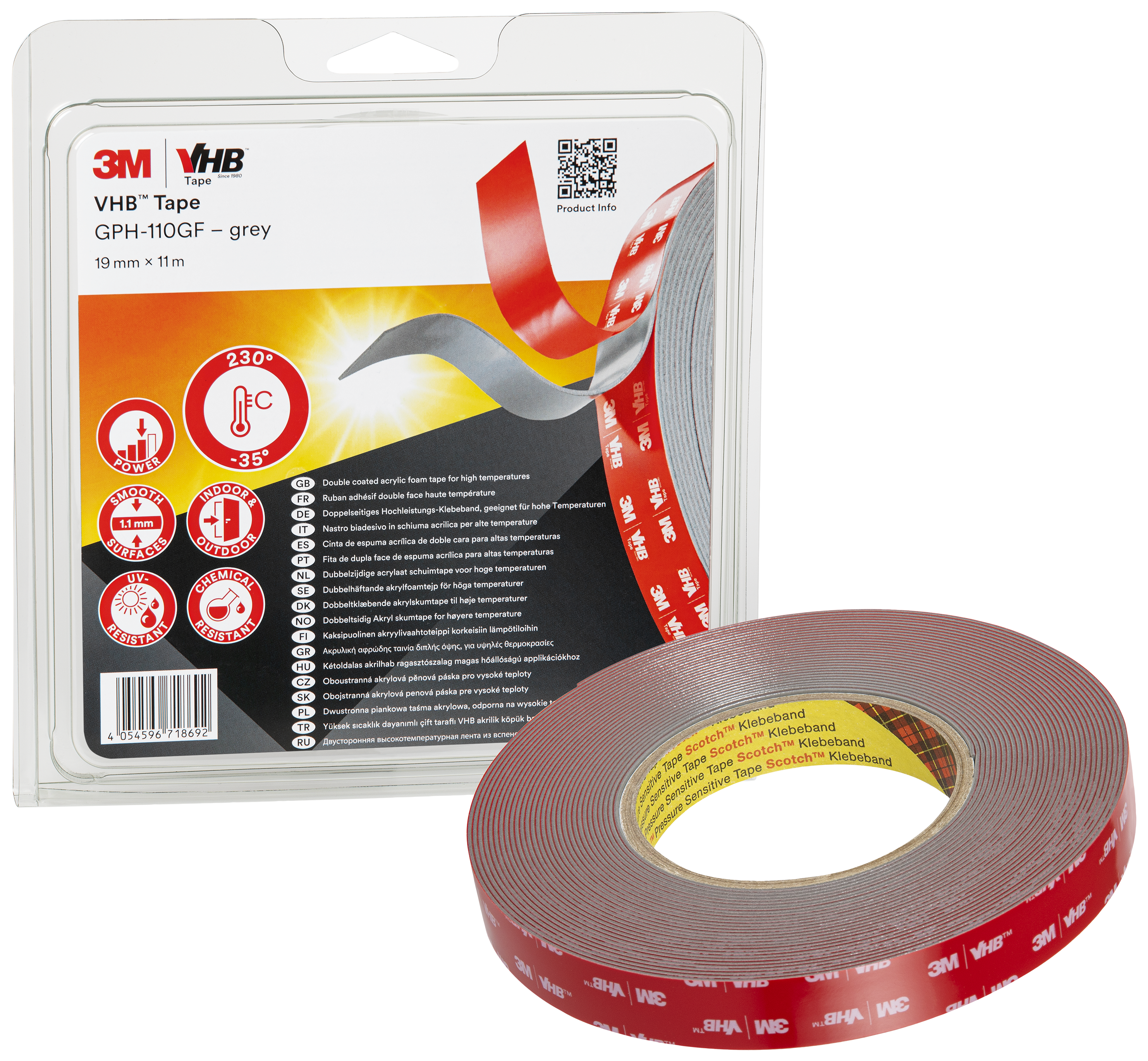 VHB dobbeltklb. tape GPH-110GF grå 1,1×19mm×11mtr