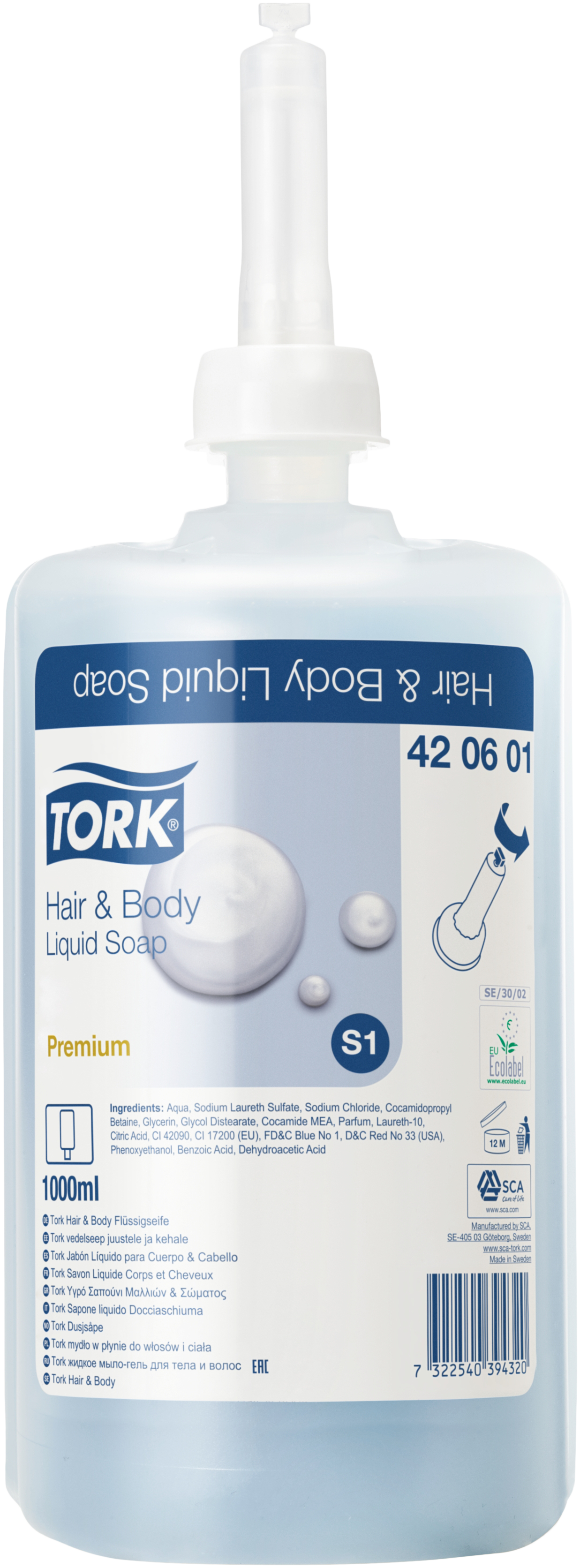 Tork sæbe Hair & Body Premium S1 blå, 6 × 1 ltr