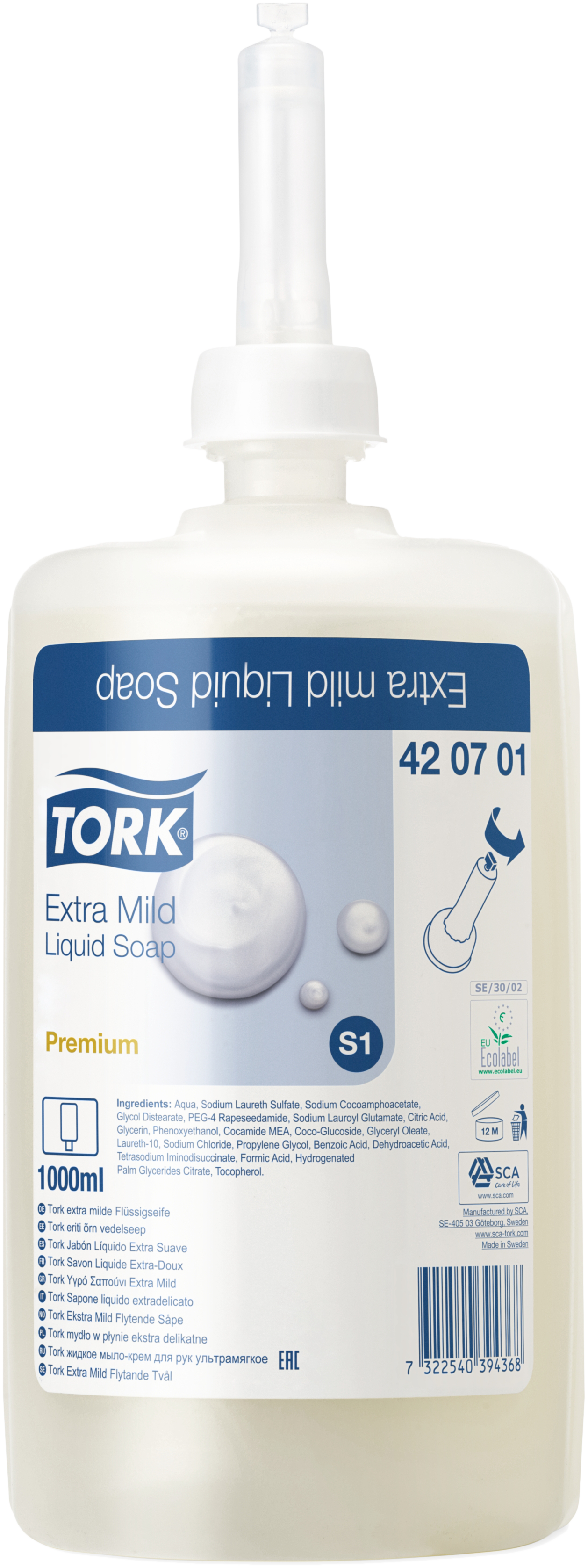 Tork håndsæbe Premium ekstramild u/pf. S1, 6×1 ltr