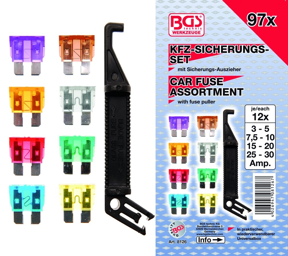 BGS Sikringssortiment STD 3-5-7,5-10-15-20-25-30 amp. 97 dele