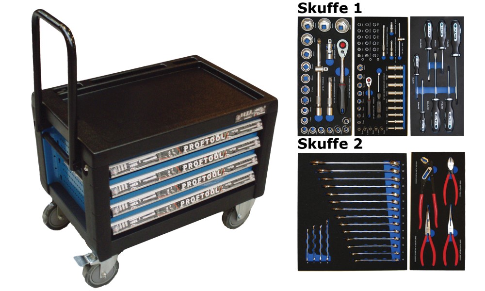BATO Værktøjsvogn mini 4 skuffer. 2 skuffer med 103 dele værktøj i 2 skuffer. Model 9134-103. Blå.