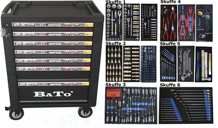 BATO Værktøjsvogn med 7 skuffer. 5 skuffer med 437 dele værktøj. Model 9107-437. Sort