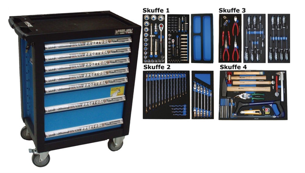 BATO Værktøjsvogn med 7 skuffer. 4 skugger med 140 dele værktøj. Model 9137-140. Blå