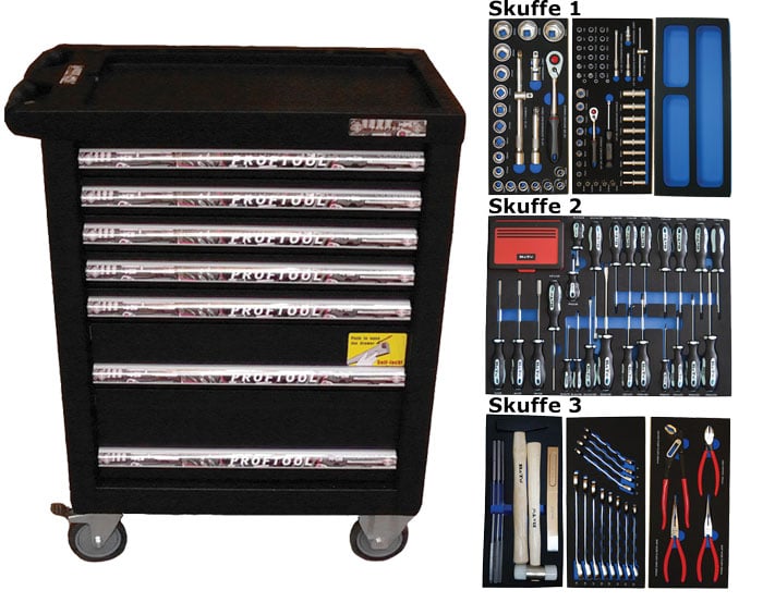 BATO Værktøjsvogn med 7 skuffer. 3 skuffer med 225 dele værktøj. Model 9124-225. Sort