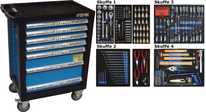 BATO Værktøjsvogn med 4 skuffer. 4 skuffer med 260 dele værktøj. Model 9137-260. Blå