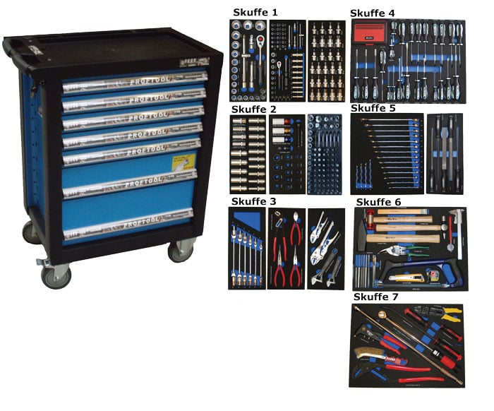 BATO Værktøjsvogn med 7 skuffer med 403 dele værktøj. Model 9137-403. Blå