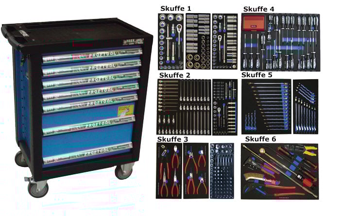 BATO Værktøjsvogn med 7 skuffer. 6 skuffer med 436 dele værktøj. Model 9137-436. Blå